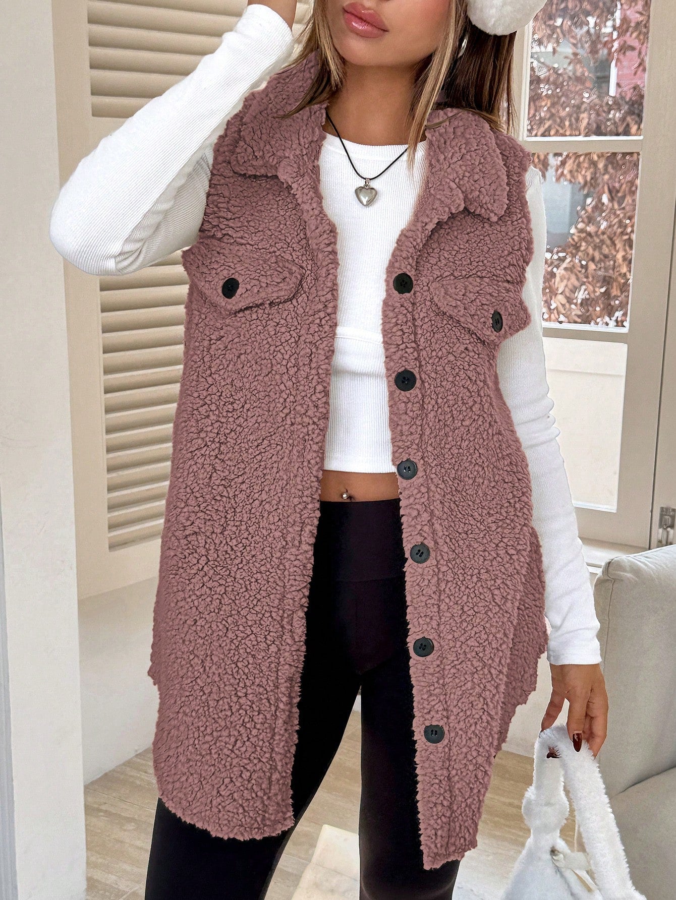SHEIN EZwear Women's Sleeveless Minimalist Button Front Pockets Casual Jacket, Daily Wear Dusty Purple