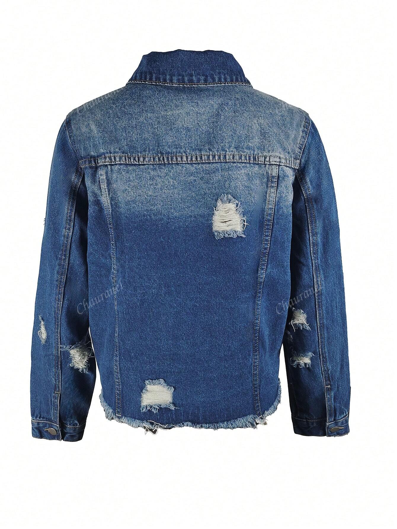 Women's Simple Solid Color Distressed Washed Denim Jacket Blue