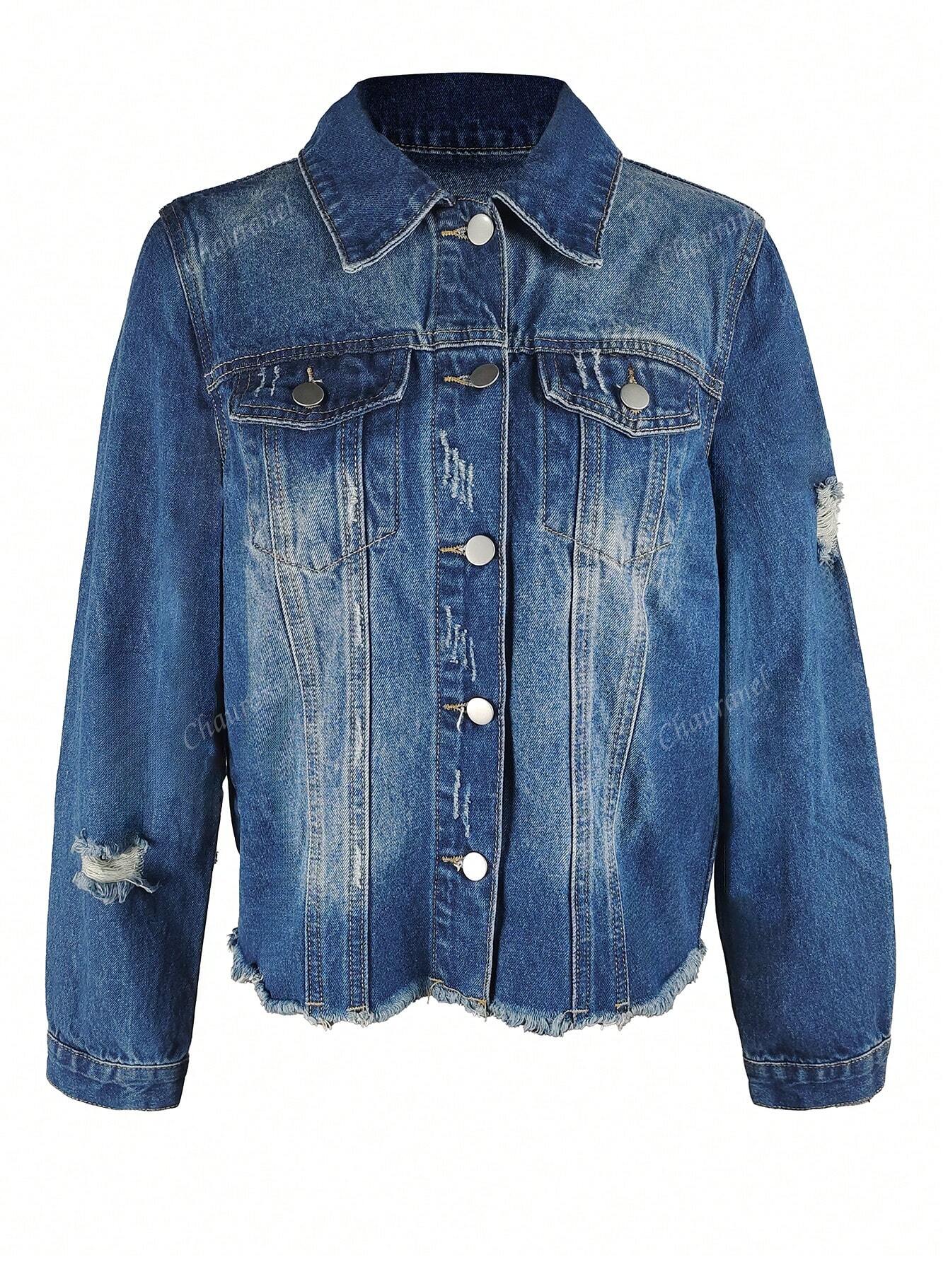 Women's Simple Solid Color Distressed Washed Denim Jacket Blue