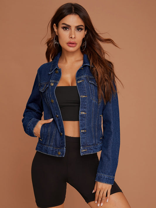 SHEIN Essnce Button Front Flap Pocket Trucker Denim Jacket Dark Wash