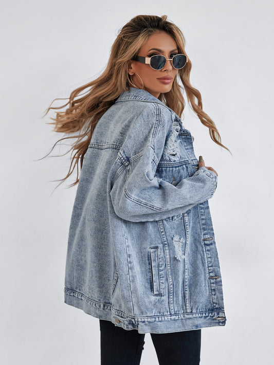 SHEIN Frenchy Button Blue Front Flap Pocket Drop Shoulder Denim Jacket Light Wash