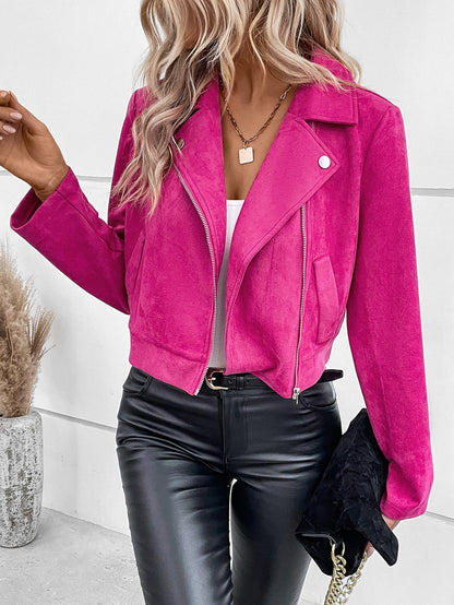 SHEIN LUNE Zip Up Faux Suede Moto Jacket,Ladies Spring/Fall Casual Zipper Regular Sleeve Lapel Regular Fit Hot Pink Plain Women Jackets,Casual Daily Wear Hot Pink