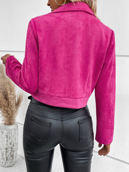 SHEIN LUNE Zip Up Faux Suede Moto Jacket,Ladies Spring/Fall Casual Zipper Regular Sleeve Lapel Regular Fit Hot Pink Plain Women Jackets,Casual Daily Wear Hot Pink
