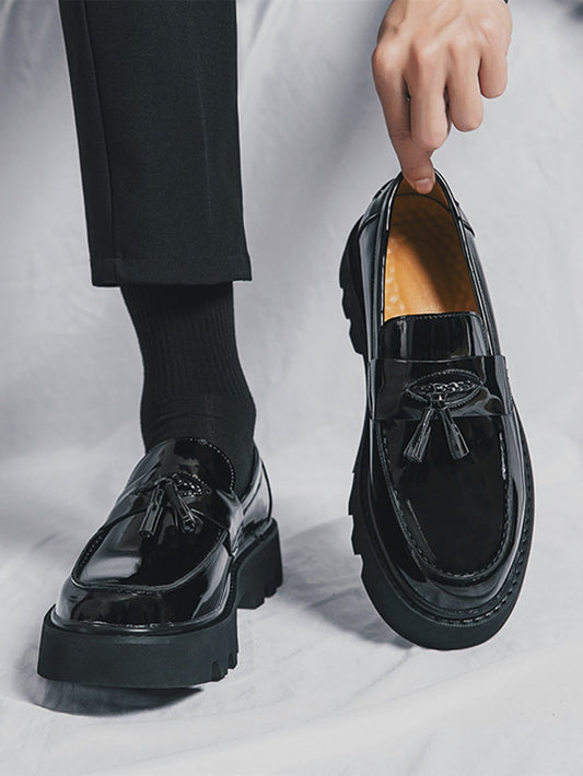 Men's Formal Thick Platform Leather Shoes, Height Increasing And Simple Design Black