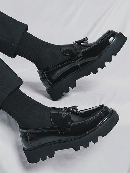 Men's Formal Thick Platform Leather Shoes, Height Increasing And Simple Design Black