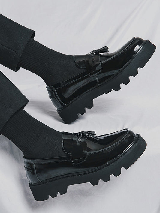 Men's Formal Thick Platform Leather Shoes, Height Increasing And Simple Design Black