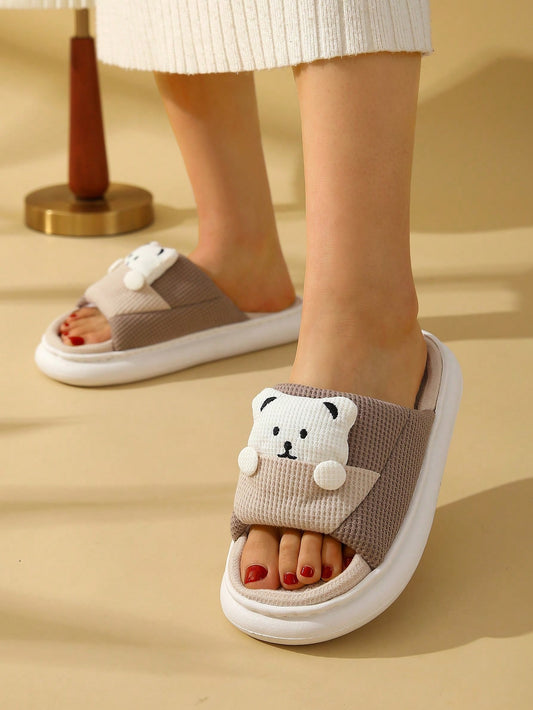 Women Cartoon Bear Decor Home Slippers, Preppy Fabric Novelty Slippers Coffee Brown