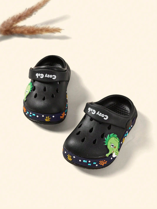 Cozy Pixies Spring/Summer Basic Cute Dinosaur Design Beach Baby Sandals With Holes, Indoor/Outdoor Use Black
