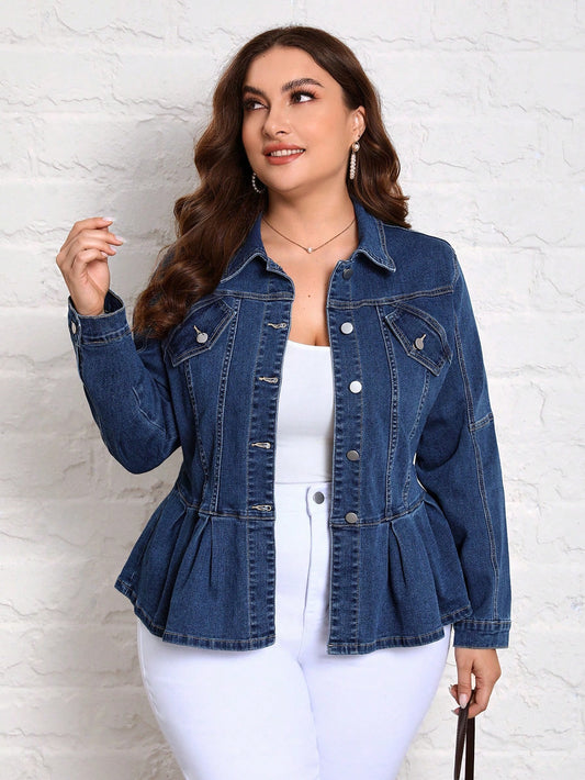SHEIN Essnce Plus Flap Detail Fold Pleated Peplum Denim Jacket Dark Wash