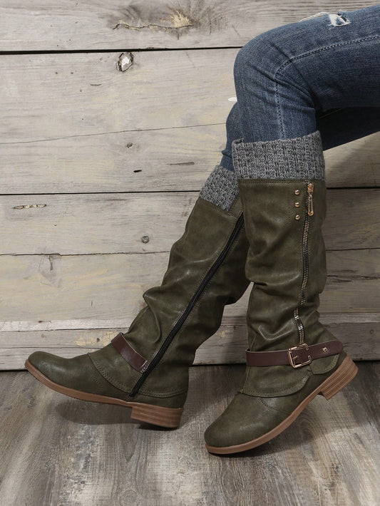 Women's Knee-High Tight Knit Low Heel Riding Boots , Match With Cardigan Army Green