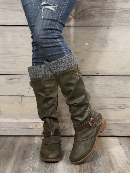 Women's Knee-High Tight Knit Low Heel Riding Boots , Match With Cardigan Army Green