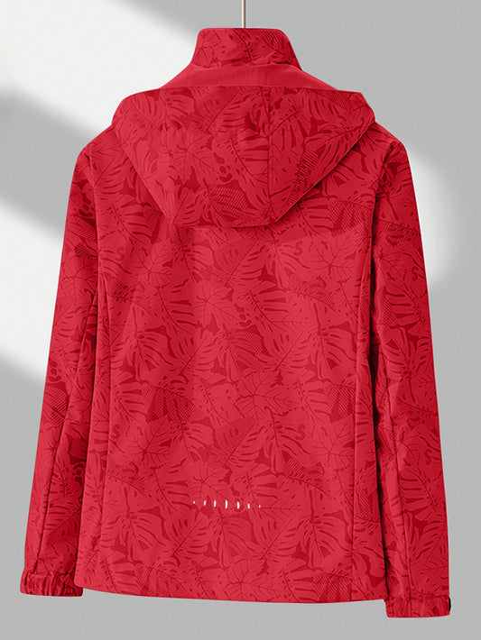 Women's Outdoor Sport Windbreaker, Tropical Plant Printed Hooded Jacket Workout Jacket Red