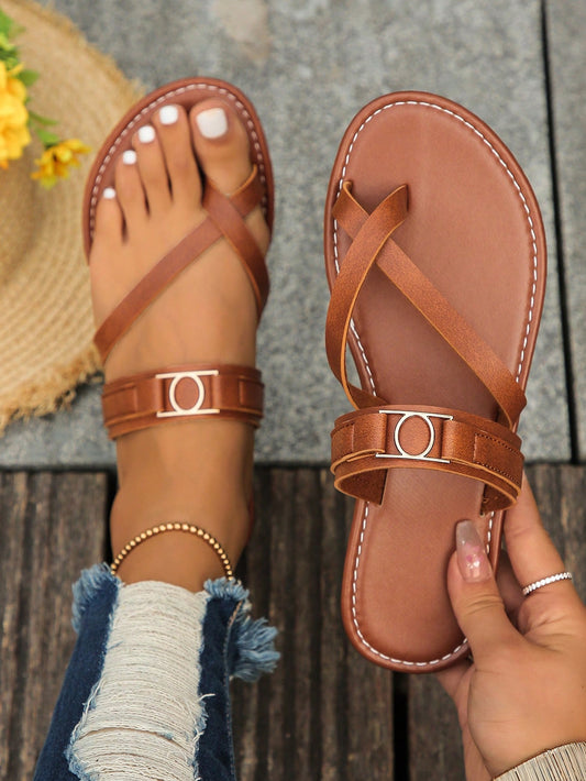 Women's Toe Ring Slippers, Cross-Band Open Toe Slip-On Slippers, Casual Beach Shoes Rust Brown