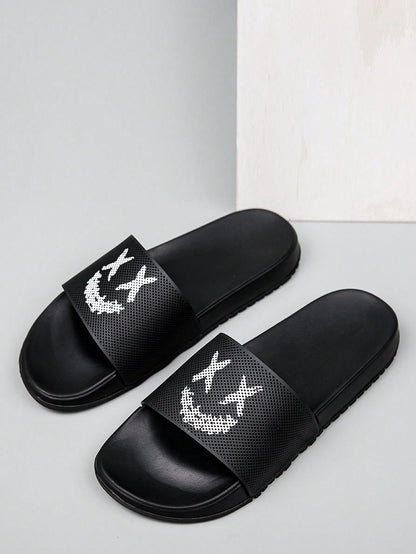 Teenagers Solid Color Foam Slippers With 3D Printed  Face Shoelace, Fashionable And Versatile Indoor/Outdoor Men Slippers Black and White