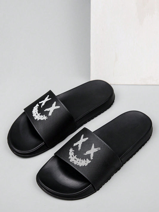 Teenagers Solid Color Foam Slippers With 3D Printed  Face Shoelace, Fashionable And Versatile Indoor/Outdoor Men Slippers Black and White