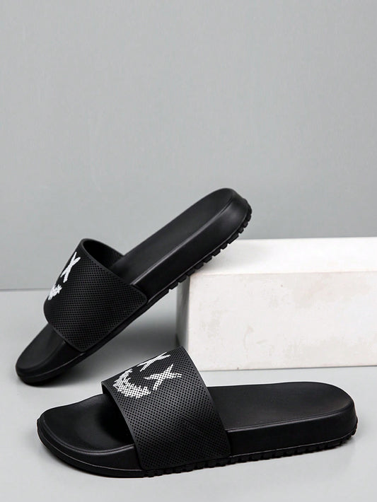 Teenagers Solid Color Foam Slippers With 3D Printed  Face Shoelace, Fashionable And Versatile Indoor/Outdoor Men Slippers Black and White