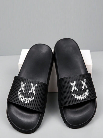 Teenagers Solid Color Foam Slippers With 3D Printed  Face Shoelace, Fashionable And Versatile Indoor/Outdoor Men Slippers Black and White