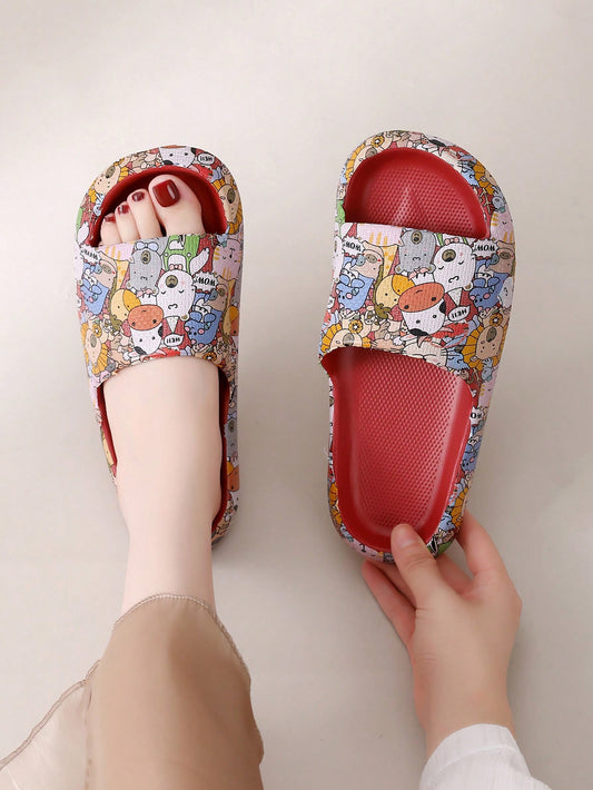 2024 New Style Cartoon Printed Animal Kingdom Slippers With  Stepping Design, EVA Material For Outdoor And Summer, Fashionable Bathroom Slip-On Burgundy