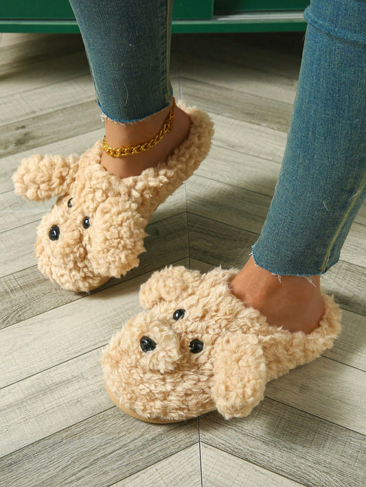 Cute Wind Plush Camel Color Teddy Dog Fashion Home Indoor And Outdoor Home Comfortable Ladies Slippers Camel