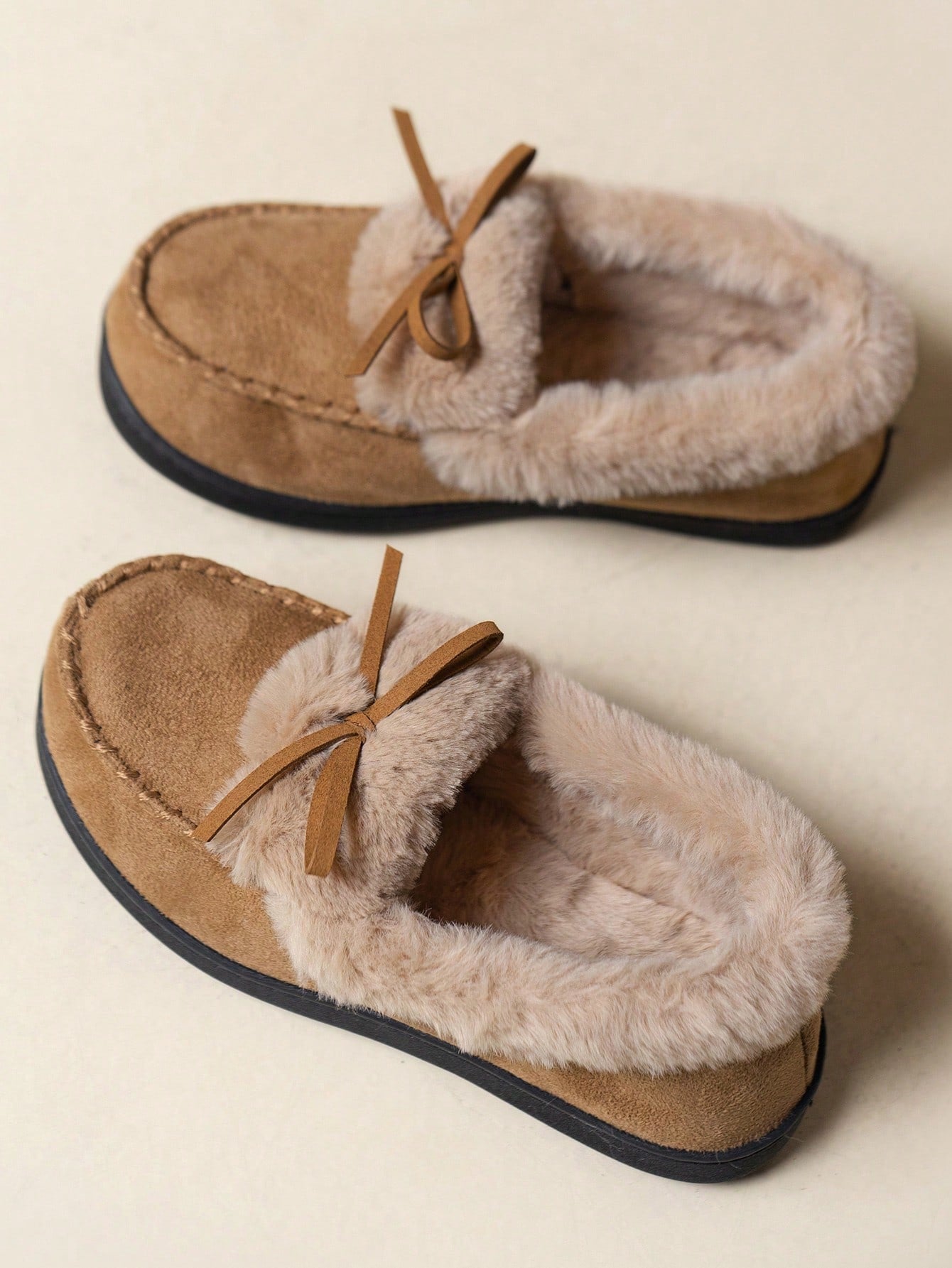 High-Density Memory Foam Slippers With Long Plush Interior, Winter Indoor Slippers, Bow Slippers, Non-Slip Slippers, Women's Slippers, Holiday Gift Camel