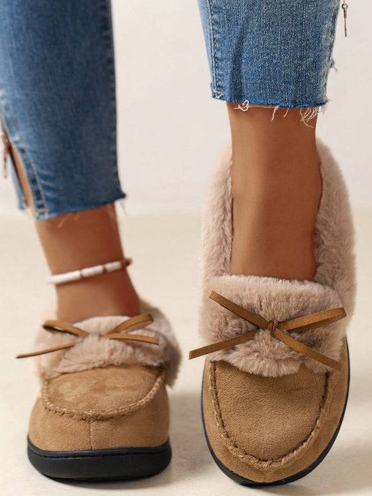 High-Density Memory Foam Slippers With Long Plush Interior, Winter Indoor Slippers, Bow Slippers, Non-Slip Slippers, Women's Slippers, Holiday Gift Camel