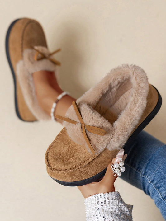 High-Density Memory Foam Slippers With Long Plush Interior, Winter Indoor Slippers, Bow Slippers, Non-Slip Slippers, Women's Slippers, Holiday Gift Camel