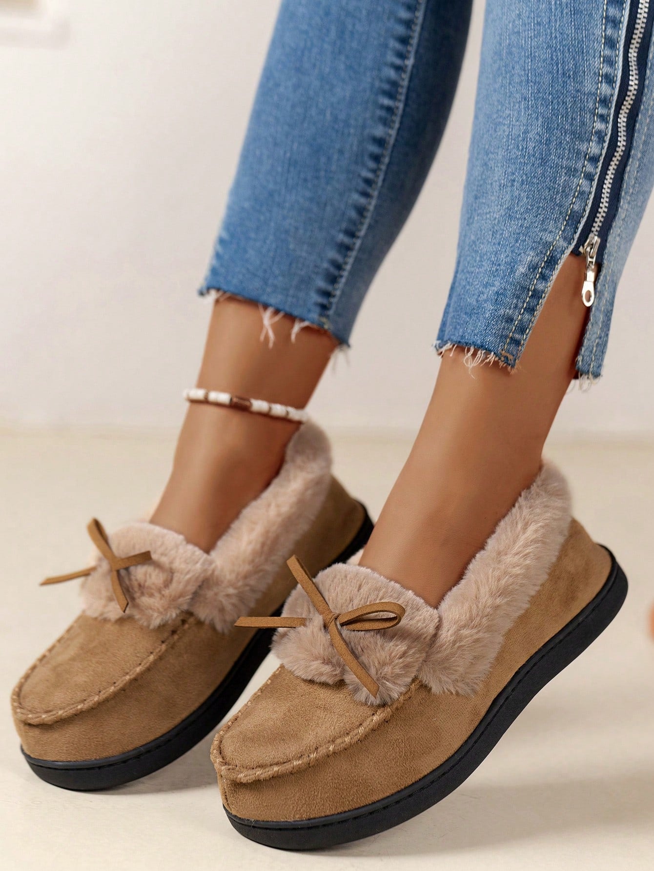 High-Density Memory Foam Slippers With Long Plush Interior, Winter Indoor Slippers, Bow Slippers, Non-Slip Slippers, Women's Slippers, Holiday Gift Camel