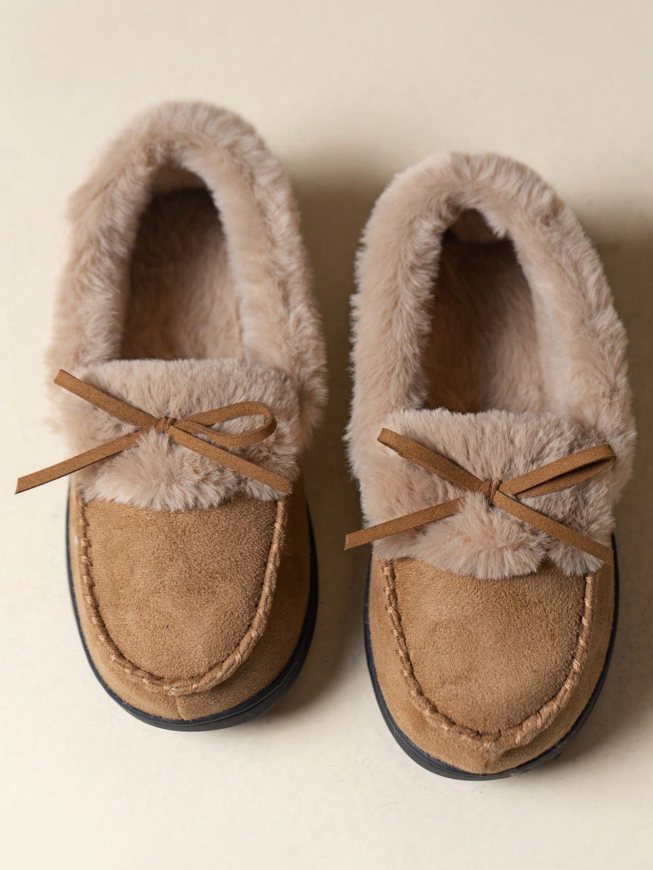 High-Density Memory Foam Slippers With Long Plush Interior, Winter Indoor Slippers, Bow Slippers, Non-Slip Slippers, Women's Slippers, Holiday Gift Camel