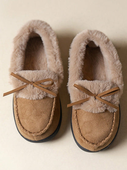 High-Density Memory Foam Slippers With Long Plush Interior, Winter Indoor Slippers, Bow Slippers, Non-Slip Slippers, Women's Slippers, Holiday Gift Camel