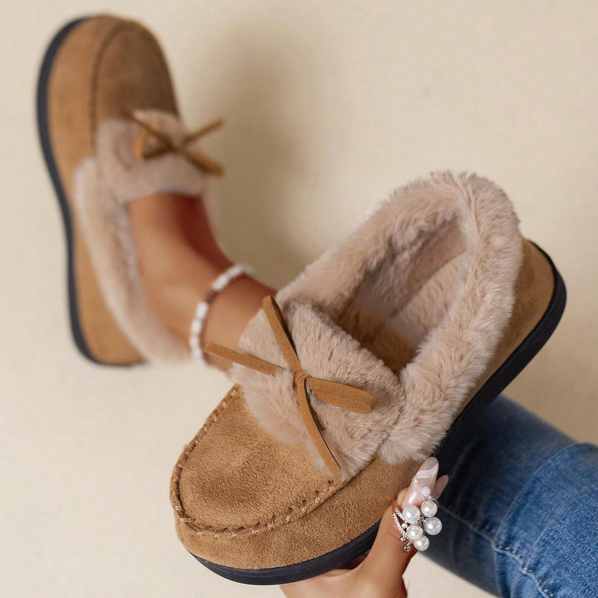 High-Density Memory Foam Slippers With Long Plush Interior, Winter Indoor Slippers, Bow Slippers, Non-Slip Slippers, Women's Slippers, Holiday Gift Camel