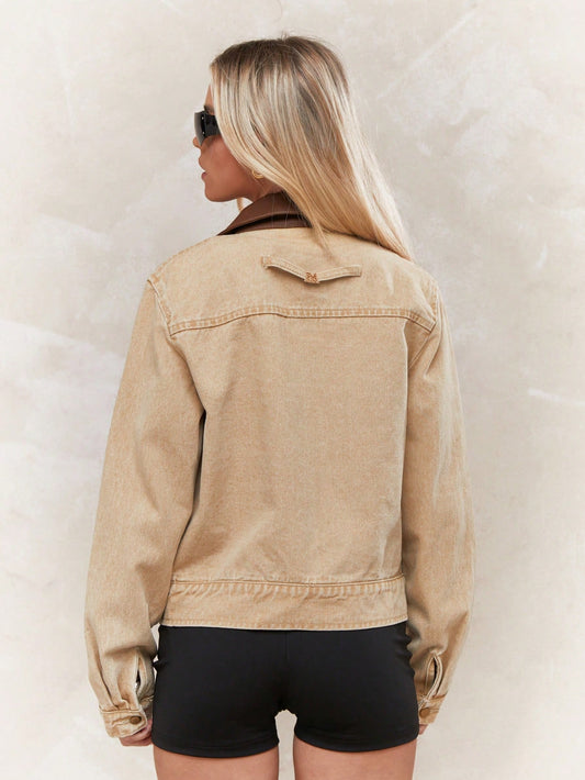 MISSGUIDED Contrast Collar Zip Through Denim Jacket Khaki