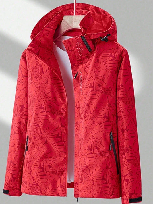 Women's Outdoor Sport Windbreaker, Tropical Plant Printed Hooded Jacket Workout Jacket Red
