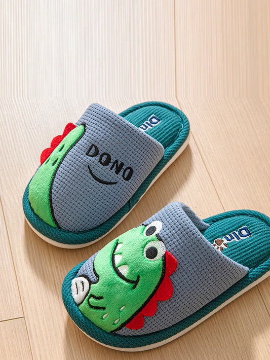 1 Pair Kids Slippers, Toddler Boys Cartoon Dinosaur Indoor Non-Slip House Shoes, Autumn/Winter Grey