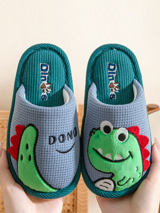 1 Pair Kids Slippers, Toddler Boys Cartoon Dinosaur Indoor Non-Slip House Shoes, Autumn/Winter Grey