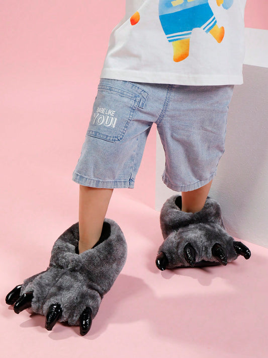 Fun Dinosaur Claw Design Plush-Lined Slip-On Slippers, Kids' Warm Cartoon Scuff House Slippers For Boys Girls, Halloween Theme, For Halloween Party Grey