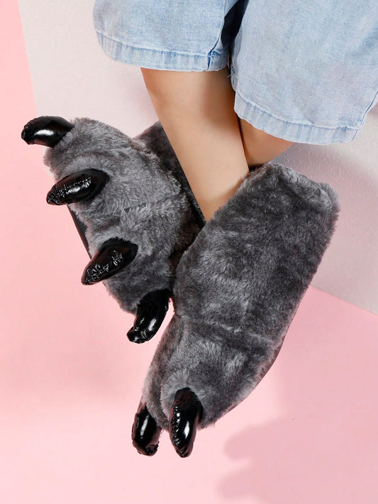 Fun Dinosaur Claw Design Plush-Lined Slip-On Slippers, Kids' Warm Cartoon Scuff House Slippers For Boys Girls, Halloween Theme, For Halloween Party Grey