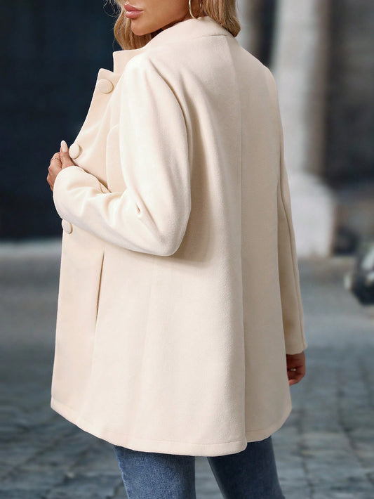 EMERY ROSE 1pc Women Casual Thick Collar Midi Jacket, Fall/Winter Khaki