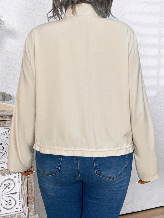 Plus Size Women's Solid Color Turn-Up Sleeve Loose Utility Pockets Casual Jacket, Spring Autumn Apricot