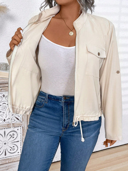 Plus Size Women's Solid Color Turn-Up Sleeve Loose Utility Pockets Casual Jacket, Spring Autumn Apricot