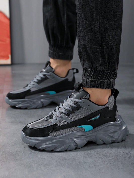 Men's Fashionable Color Block Breathable Front Strap Sports Shoes, Lightweight And Durable Casual Running Shoes For Daily Wear Grey
