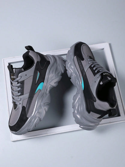 Men's Fashionable Color Block Breathable Front Strap Sports Shoes, Lightweight And Durable Casual Running Shoes For Daily Wear Grey