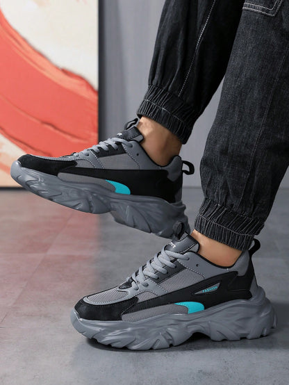 Men's Fashionable Color Block Breathable Front Strap Sports Shoes, Lightweight And Durable Casual Running Shoes For Daily Wear Grey