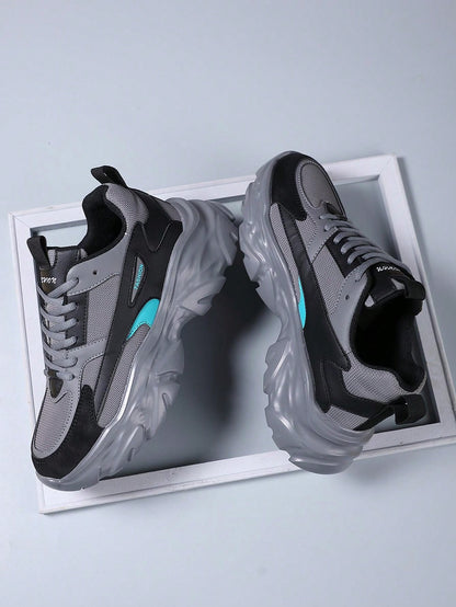 Men's Fashionable Color Block Breathable Front Strap Sports Shoes, Lightweight And Durable Casual Running Shoes For Daily Wear Grey