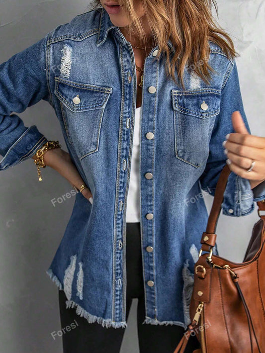 Ladies' Simple Ripped Fringe Denim Jacket Medium Wash