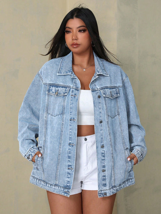SHEIN EZwear Plus Size Women's Casual Loose Fit Drop Shoulder Long Sleeve Denim Jacket, Spring Autumn Light Wash