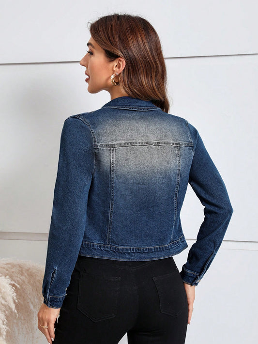 SHEIN LUNE Women's Casual Distressed Cropped Denim Jacket Dark Wash