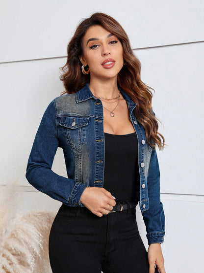 SHEIN LUNE Women's Casual Distressed Cropped Denim Jacket Dark Wash