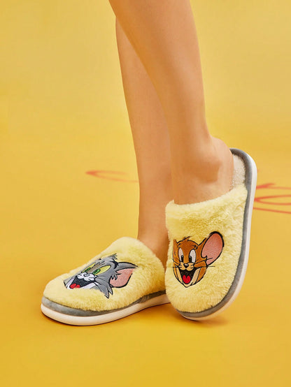 TOM & JERRY X SHEIN Cartoon Embroidered Plush Ladies' House Slippers, For New Year Holiday, Spring Shoes Spring Break Easter Yellow