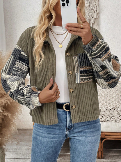 SHEIN LUNE Women's Solid Color Patchwork Button-Up Long Sleeve Jacket Army Green