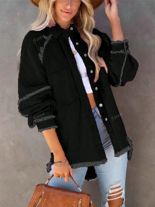 Pink Frayed Edge Oversized Denim Jacket Black